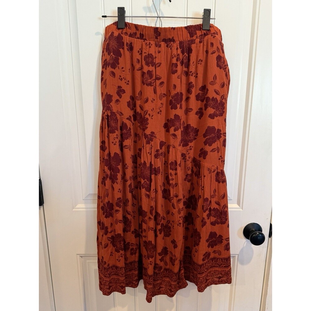 Garnet Hill M Floral Tiered Midi Skirt Rust Burgundy EcoVero Viscose Boho